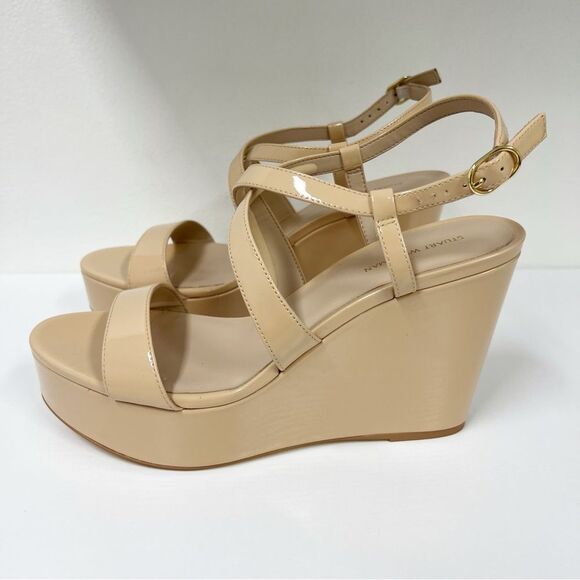 Stuart Weitzman Ave 75 Platform Wedge Strappy Nude Patent Leather Heels 10 - Picture 6 of 7